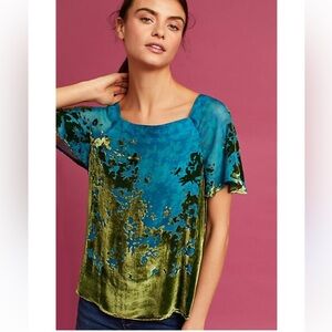 Maeve Blue Teal and Olive Green Velvet Short Sleeve Top